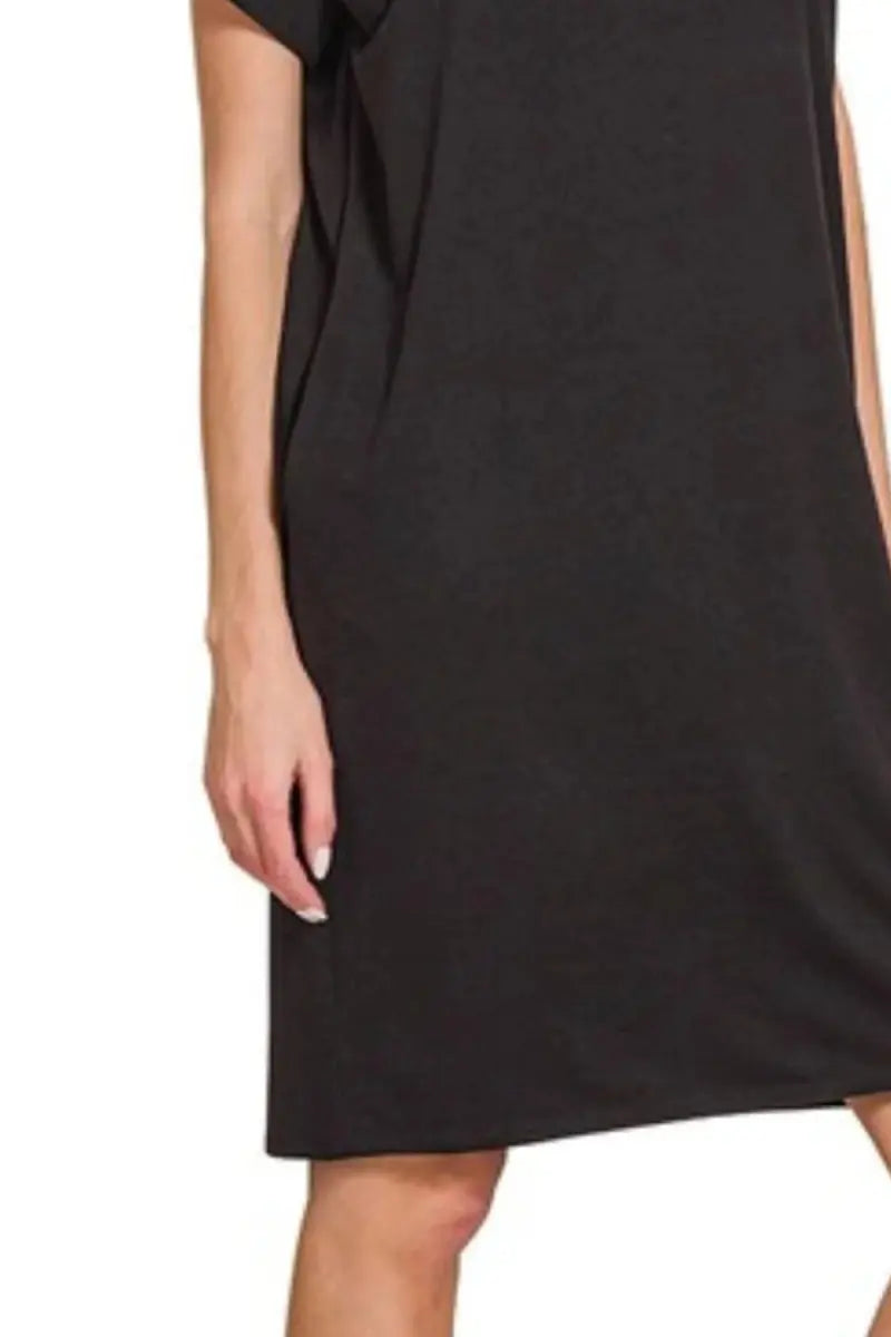 Zenana Rolled Short Sleeve Round Neck Dress for Women - Love Salve